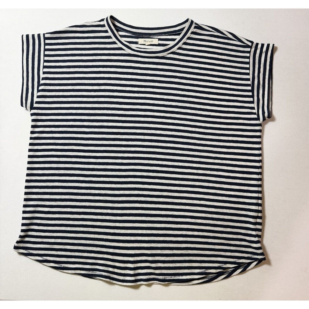 Madewell Top Women’s Linen Blend Navy Striped Short Sleeve Shirt Size Medium